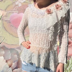 ZBA Vintage White 3D Floral Appliqué Fairycore Sweater Size Small